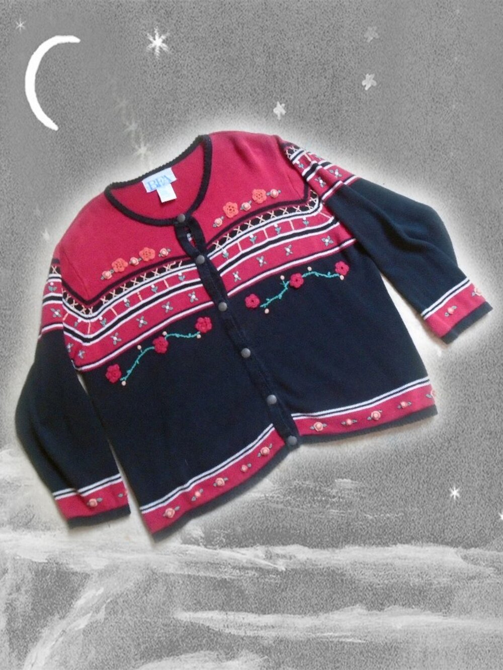90s Vintage Cotton Ramie Cardigan Black Red Embroidered Crochet Rose Appliqués